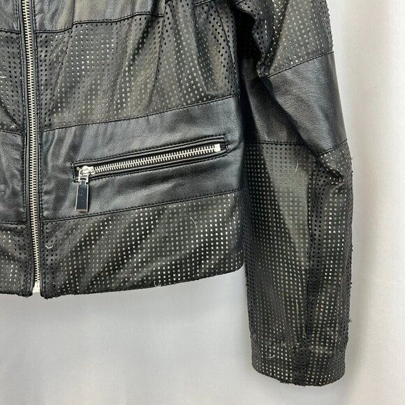 Vince Camuto Womens Black Tan Long Sleeve Full Zip Motorcycle Jacket Size Medium - Picture 5 of 9